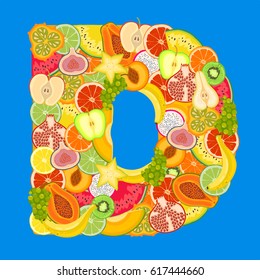 Letter - D made of tropical fruits on a blue background.
