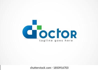 Logotipo del médico doctor de la letra D, combinación de letras D e icono cruzado, aislado en fondo blanco, elemento de plantilla del logotipo de diseño plano, ilustración vectorial