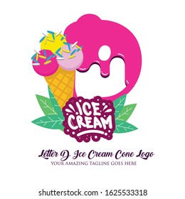 Letter D Melting Ice Cream Balls in the Waffle Cone Isolated on White Background. Vector Flat Modern Style. Colorful Logo in Cartoon Style Illustration for Ice Cream Shop Café and Restaurant