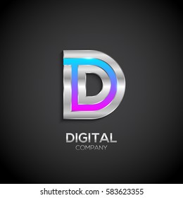 Letter D with metallic texture,3d Glossy, Digital and Technology, metal texture,  silver, steel and realistic shadow for logo, Vector illustration