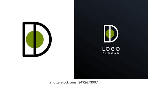 Letter D modern logo featuring geometric shapes, circle and lines. Abstract minimalist logotype for Japanese restaurant branding, tech companies, creative business identities. Vector illustration