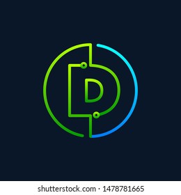 Letter D Mono Line Logo With Element Chip, Connect Concept , Circle Shape Symbol, Green And Blue Color, Technology And Digital Abstract Dot Connection - Vector