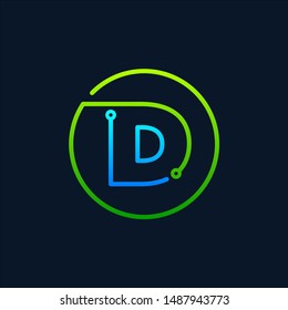 Letter D Mono Line Logo With Element Chip, Connect Concept , Circle Shape Symbol, Green And Blue Color, Technology And Digital Abstract Dot Connection - Vector