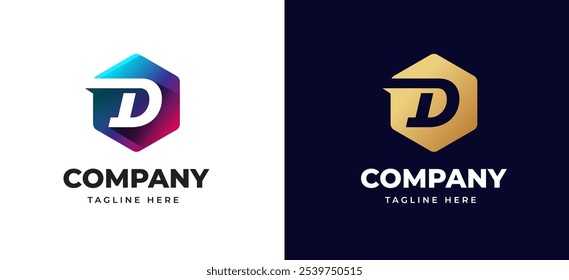 Logotipo de Vector inicial del monograma de la letra D. Concepto futurista del diseño del logotipo de la forma de la caja del hexágono de la letra D. Símbolo inicial moderno para la identidad empresarial Corporativa. Ilustración del logotipo del Vector del alfabeto