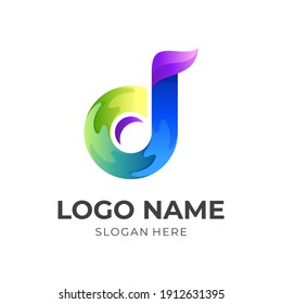 letter d music  logo, letter d  and music note, combination logo with 3d   colorful style