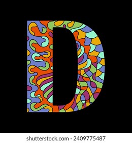 Letter D on black background. Mosaic Pattern Design template . Print for bag, poster, clothing and other. Vector illustration. Letter of different colors.