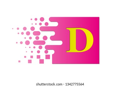 letter D on a colored square with destroyed blocks on a white background.