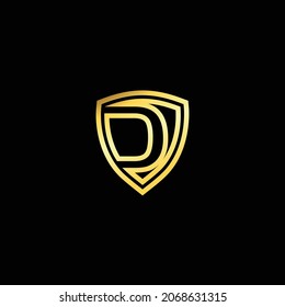 Carta D sobre un escudo, aislada en un fondo oscuro. Lujoso, elegante, con fines de marca. Un concepto único y elegante. Plantilla de diseño de logotipo de escudo de letras
