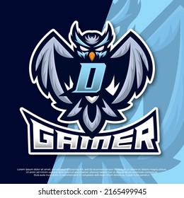 Letter D Owl Mascot esport gaming logo design, owl night bird illustration, bird gamer esport logo