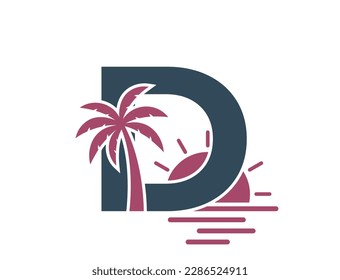 letter d with palm tree and sunset. vacation alphabet logotype. summer and exotic tourism design. isolated vector image