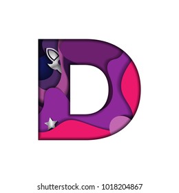 Letter D in paper cut style. Realistic cosmic papercut design of alphabet symbol on white background. Colorful multi layers 3D effect. Font element for festive or greeting card. Vector illustration.
