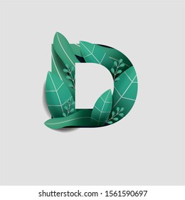 Letter D Paper Cut Style Design With Green Leaf Beautiful Ornament Handcraft White Background. Vector Stock Illustration