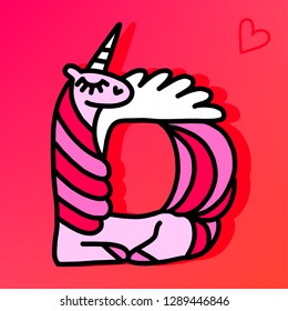 Letter "D" pegasus. Written by unicorns. Letter in the style of the unicorn. Fairytale font. Pink mane. Trend print on a T-shirt. Metal pin. Unicorn alphabet.