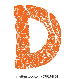 Letter D. People crowd. Isolated alphabet design. Hand drawn vector illustration in cartoon style