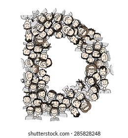 Letter D, people crowd, vector alphabet for your design