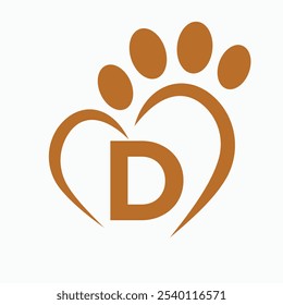 Conceito de design do logotipo do animal de estimação da letra D com pata e vetor do símbolo do coração