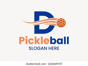 Letter D Pickleball Logo Concept With Moving Pickleball Symbol. Pickle Ball Logotype Vector Template