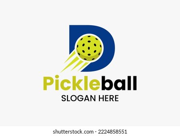 Letter D Pickleball Logo Concept With Moving Pickleball Symbol. Pickle Ball Logotype Vector Template