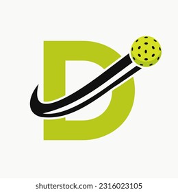 Letter D Pickleball Logo Concept With Moving Pickle Ball Symbol. Pickle Ball Logotype