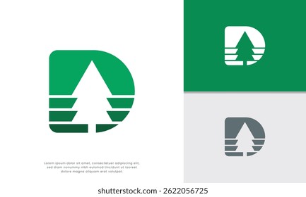 Letter D Pine Tree Logo. Modern logo design featuring the letter D integrated with pine tree. Perfect for businesses related to nature, forestry, eco-friendly products, or memorable initial-based mark
