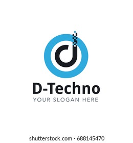 Letter D Pixel Logo Design Template With Blue Circle Isolated on White Background. Vector Illustration