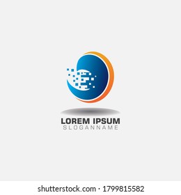 Logotipo de píxel D de la carta con el icono de red de la plantilla de tecnología