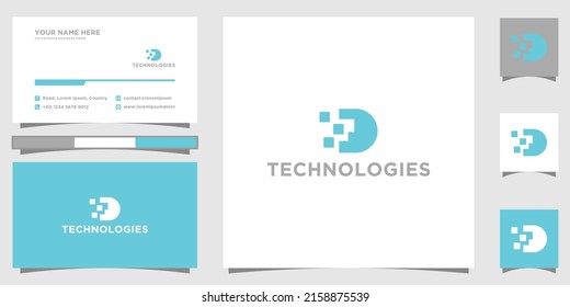 Letter D Pixel logo, Triangle, Blue color, Technology digital logotype with business card template