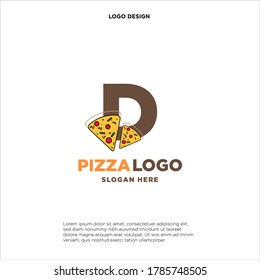 Diseño del logo de la pizza de la carta D, aislado en fondo blanco.