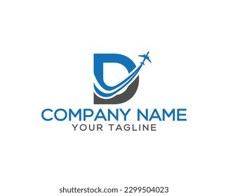 Letter D with plane and airline unique logo design. Tourism, travel, airways identity and flight company creative vector icon.