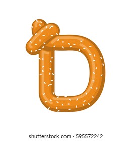 Letter D pretzel. snack font symbol. Food alphabet sign. Traditional German meal is ABC. Bake