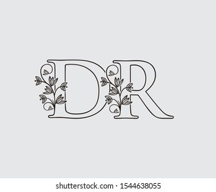 Letter D, R and DR Vintage Floral Logo Icon, overlapping monogram logo, Simple Swirl Black color Logo on white background. Classy Letter Logo Icon.