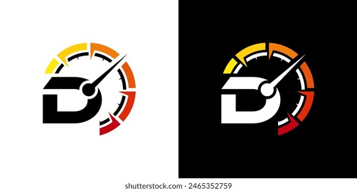 Logo de la carrera de la letra D, con el velocímetro del logotipo para las carreras, taller, velocidad