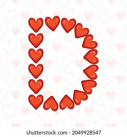 Letter D from red hearts on seamless pattern with love symbol. Festive font or decoration for valentine day, wedding, holiday and design