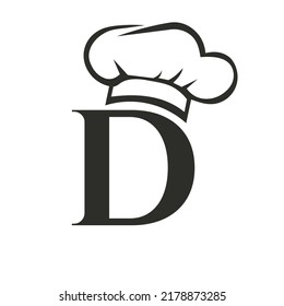 Concepto de logotipo de restaurante Carta D con plantilla de vectores de sombrero de chef. Símbolo del logotipo del sombrero del chef del restaurante