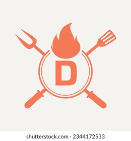 Letter D Restaurant Logo with Grill Fork and Spatula Icon. Hot Grill Symbol