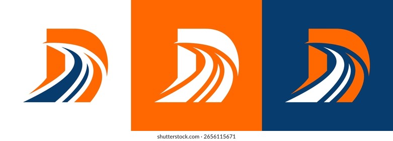 Letra D con el logotipo de la carretera, icono de la carretera, carretera, icono del carril, diseño del logotipo en tres colores Vector