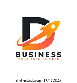 Letter D with Rocket Up and Swoosh Logo Design. Creative Letter Mark Suitable for Company Brand Identity, Travel, Start up, Logistic, Business Logo Template