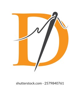 Letter D Sewing Needle Logo Design for Embroider, Textile, Fashion, Cloth, Fabric Symbol