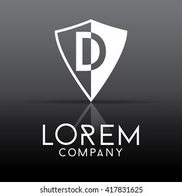Letter D in a shield. Alphabet logo design. Vector illustration.