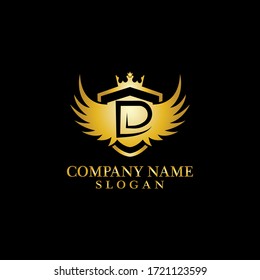 Carta D Shield, Wing y Crown Gold en un estilo elegante con fondo negro para el diseño de plantillas de logotipo empresarial, Emblem, concepto de diseño, símbolo creativo, icono