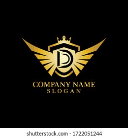 Letter D Shield, Wing and Crown gold in elegantem Stil mit schwarzem Hintergrund für das Design von Firmenlogo, Emblem, Design-Konzept, Creative Symbol, Symbol