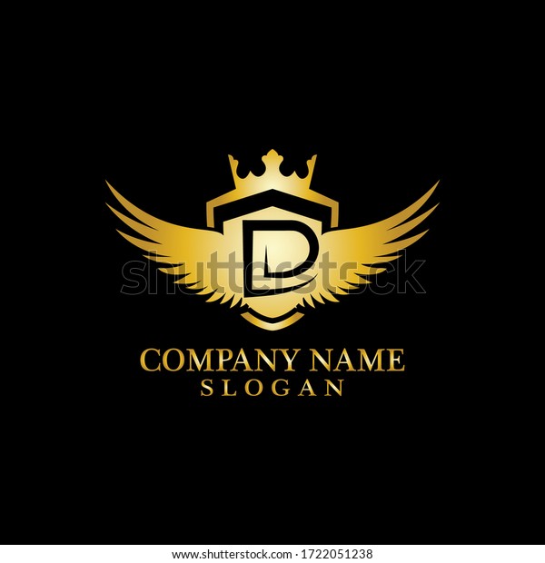 Letter D Shield, Wing and\
Crown gold in elegant style with black background for Business Logo\
Template Design, Emblem, Design concept, Creative Symbol,\
Icon