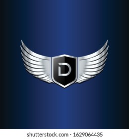 letter D shield with wings gold color logo design concept template vector 3d heraldic shield and wings logo gold / silver emblem