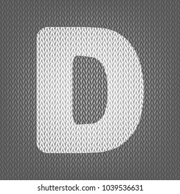 Letter D sign design template element. Vector. White knitted icon on gray knitted background. Isolated.