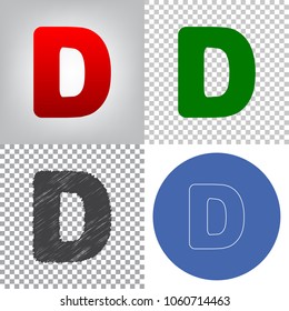 Letter D sign design template element. Vector. 4 styles. Red gradient in radial lighted background, green flat and gray scribble icons on transparent and linear one in blue circle.