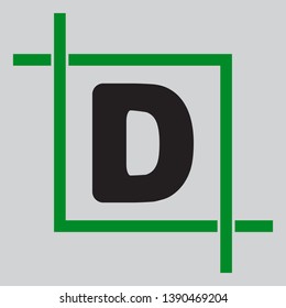 Letter D sign design template element. Black icon inside green crop tool at light gray background