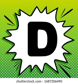 Elemento de plantilla de diseño de signo D de letra. Icono negro sobre la parte blanca Splash en fondo verde con puntos blancos.  Ilustración.