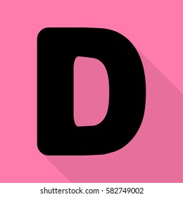 Letter D sign design template element. Black icon with flat style shadow path on pink background.