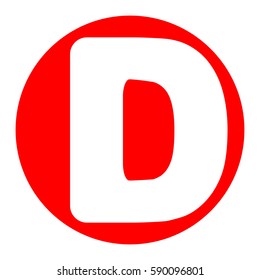 Letter D sign design template element. Vector. White icon in red circle on white background. Isolated.