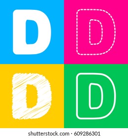 Letter D sign design template element. Four styles of icon on four color squares.